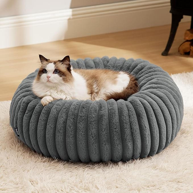 Bedsure ComfyFleece™ Cat beds for Indoor Cats - Donut Dog Beds for Small Dogs with Corduroy Fleece & Anti Slip Bottom, Faux Fur Pet Beds with Washable Removable Cover, Warm Grey, 20x20x6 inches