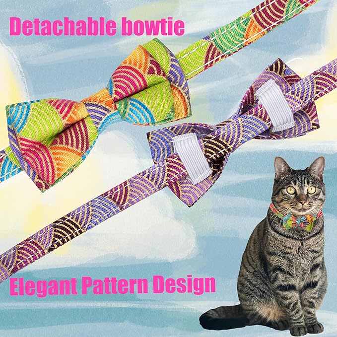 Collar for Cat Pet Breakaway with Bell Bowtie Detachable Bow Adjustable Safety Kitten Puppy Girl Boy 2pcs Kimono-Green & Purple