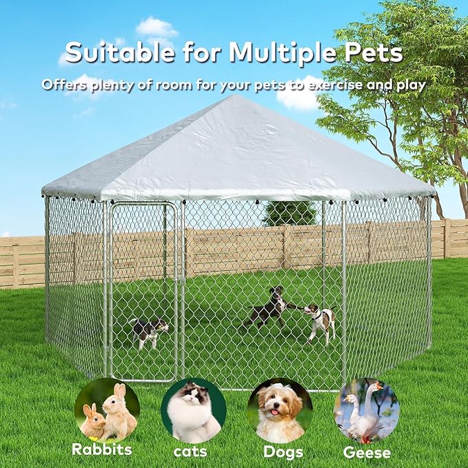 12x12 Outdoor Dog Kennel Outside Heavy Duty Dog Enclosure with Waterproof UV-Resistant Cover & Security Lock (149.6" L x 149.6" W x 95.3" H)