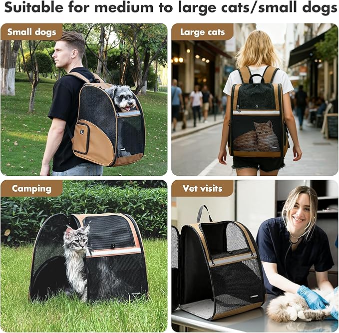 Pet Backpack Carrier, Large Cat Carrier Backpack Up to 20 Lbs with Breathable Mesh, for Medium Large Cats or Small Dogs, Travel Hiking Camping Backpack (Brown-XL)