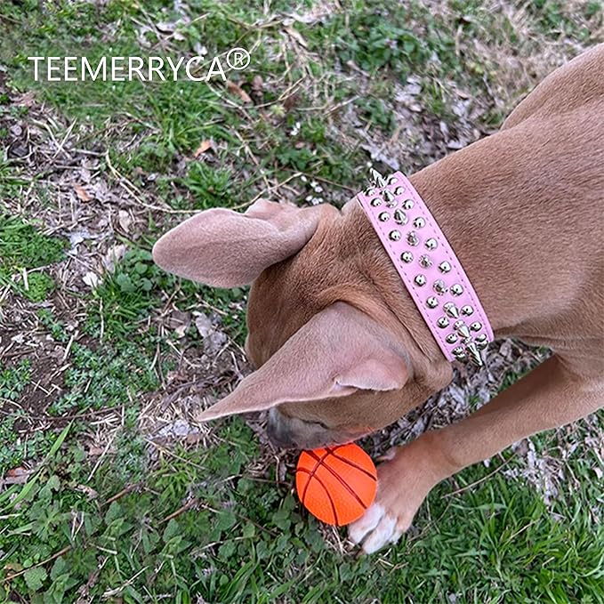 TEEMERRYCA Adjustable Leather Spiked Studded Dog Collars with a Squeak Ball Gift for Small Medium Large Pets Like Cats/Pit Bull/Bulldog/Pugs/Husky, Pink, S 10.8-13.2 inches