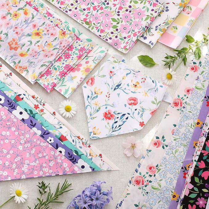 Reginary 120 Packs Spring Dog Bandanas Bulk Flower Dog Scarf Adjustable Holiday Floral Pet Scarf Flower Washable Scarves Triangle Drool Bibs for Cat Pet Costume Supply