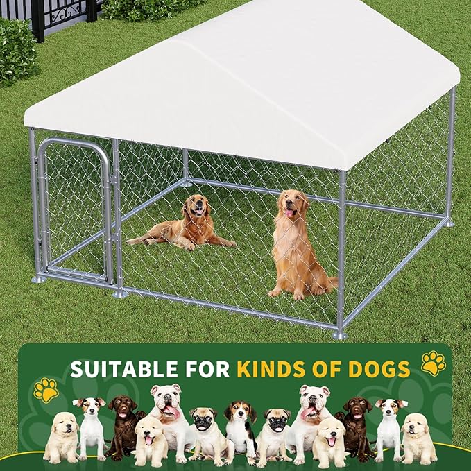 LotFun Large Outdoor Dog Kennel, 6.6 x 6.6 FT Heavy Duty Dog Enclosure with Chain Link Fence, UV-Resistant Canopy Cover, Double Lock Security (6 x 6 x 5 in)