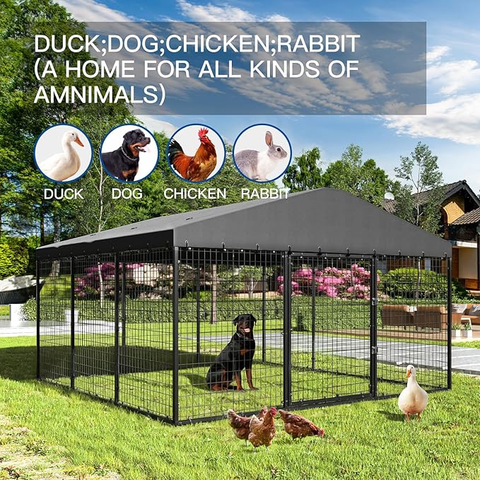 Gotland Dog Kennel Outdoor 10 x10 x6 FT, Dog Cage Outdoor for Medium/Large Dogs with Waterproof Roof Double Secure Locks Ground Spikes, All Weather Heavy Duty Dog Enclosure for Backyard Farm Ranch