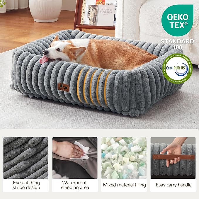 Washable Dog Bed for Small Medium Dogs - Rectangle Orthopedic Corduroy Fleece Pet Bed with Removable Cover and Nonskid Bottom, Calming Puppy Bed Soft Pet Sofa, Grey(35x25x9inchs)
