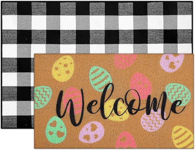 Tinideya 2 Pcs Easter Day Door Mat Eggs Welcome Non Slip Coir Mats Holiday Black and White Plaid Floor Layering Doormats Seasonal for Front Porch Entryway Decor(Easter Eggs)