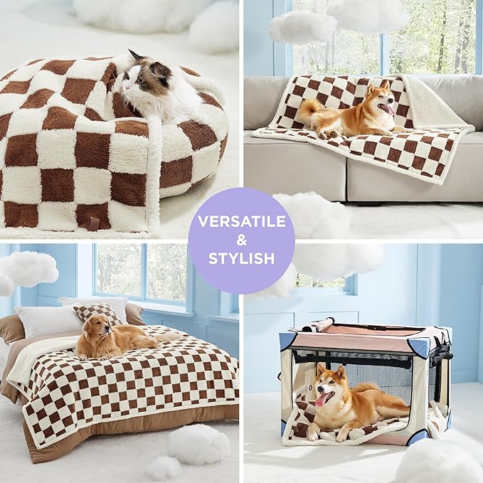 LE SURE Waterproof Dog Blanket for Large Dogs - Washable Double Sided Dog Blankets with Warm Jacquard Shag and Soft Sherpa Fleece, Pet Cat Blanket for Couch Protection, 3D Textured Checks, Brown