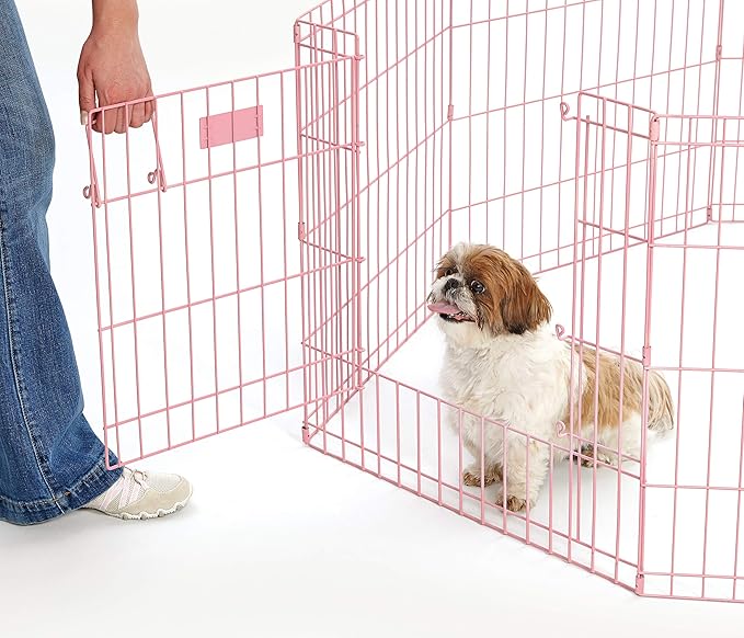 MidWest Homes for Pets Folding Metal Puppy / Dog Exercise Pen, Indoor/Outdoor Playpen with Door, 16 Sq Feet of Play Space, 24-Inches Tall, Pink