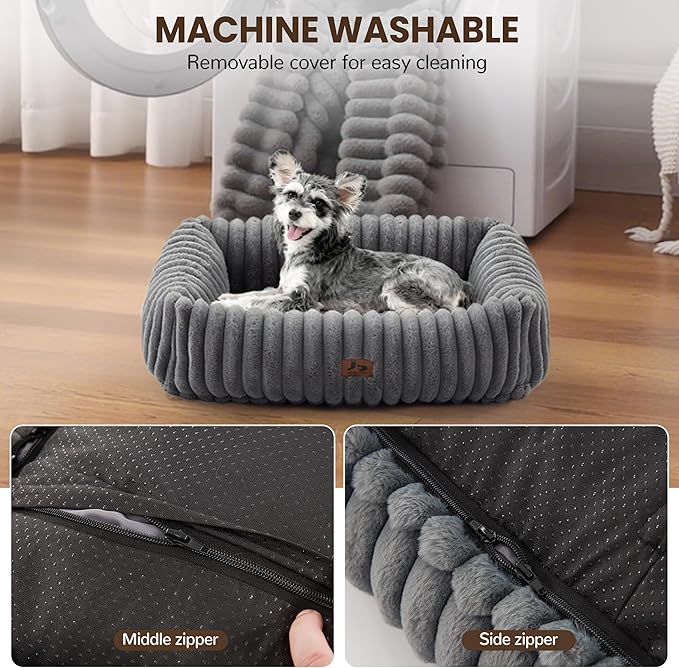 Washable Dog Bed for Small Medium Dogs - Rectangle Orthopedic Corduroy Fleece Pet Bed with Removable Cover and Nonskid Bottom, Calming Puppy Bed Soft Pet Sofa, Grey(20x19x6inchs)
