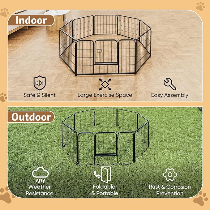 DUMOS Dog Playpen Indoor, Metal 32 Inch 8 Panels Foldable Pet Fence with Door, Outdoor Small Medium Large Dog Puppy Portable Exercise Play Pen for RV Camping, Trips, Play Yard