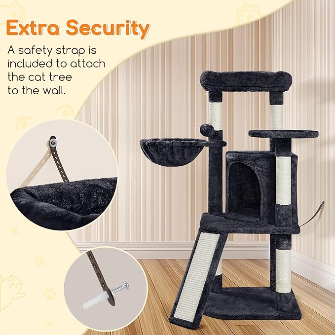 Yaheetech Cat Tree, 42in Cat Tower for Indoor Kittens, Pet Play House with Large Perch & Scratching Posts & Cozy Condo & Scratching Ramp, Kitten Furniture Activity Center, Black