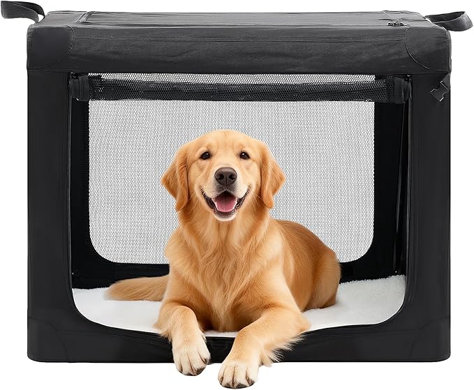 Dog Travel Crate 36 Inch, Portable Soft-Sided Travel Carriers for Dogs and Cats, Foldable Pet Kennel with 3-Doors Mesh Windows Indoor & Outdoor, Black