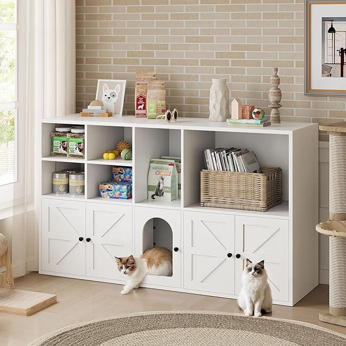 IRONCK Cat Litter Box Enclosure for 2 Cats, Litter Box Furniture Hidden with Double Room and Large Storage Space, Wooden Washroom Furniture, Cat House, White