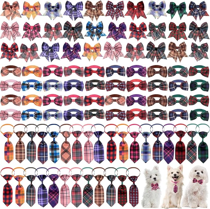 Reginary 100 Pieces Dog Bow Tie Collar Set Include 40 Dog Neckties, and 30 Puppy Bowties, 30 Collar Flowers, Adjustable Pet Ties Grooming for Small Medium Cats Pets Supply(Plaid)