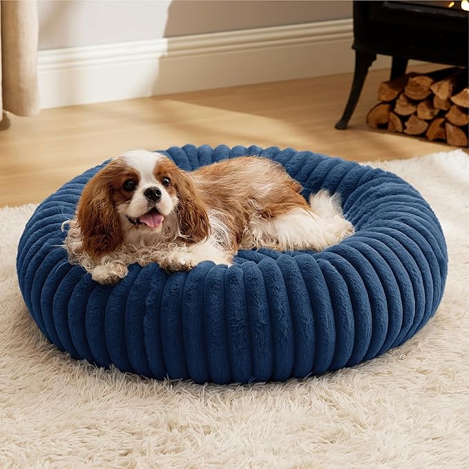 Bedsure ComfyFleece™ Donut Medium Dog Bed - Washable Faux Fur with Corduroy Fleece & Anti Slip Bottom, Round Pet Beds with Removable Cover, Night Blue, 30x30x8 inches