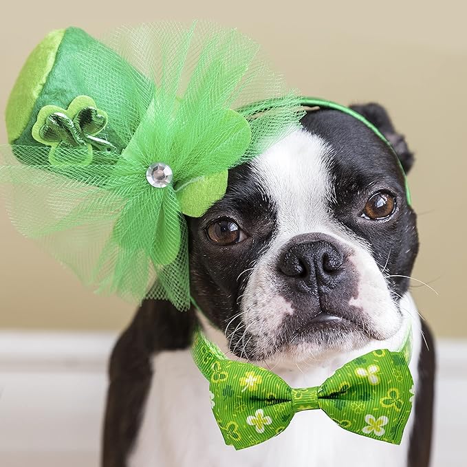 2 Pack St. Patrick Day Cat Collar with Bow Tie,Holiday Kitty Kitten Collar with Bell for Male Female Boys and Girls (Luckyclover)