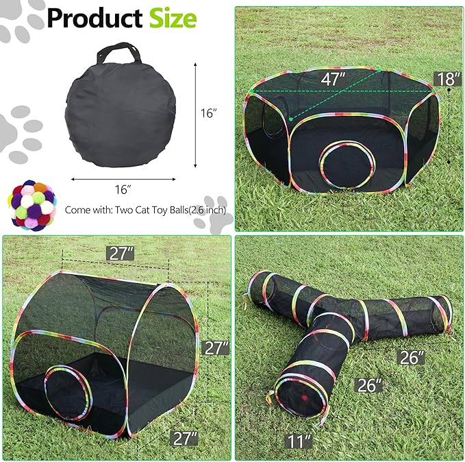 Outdoor Cat Enclosure with Cat Tunnel, Tent, Playhouse and Cat Toy Ball with Bell - Portable Indoor/Outdoor Playpen for Small Cats & Animals