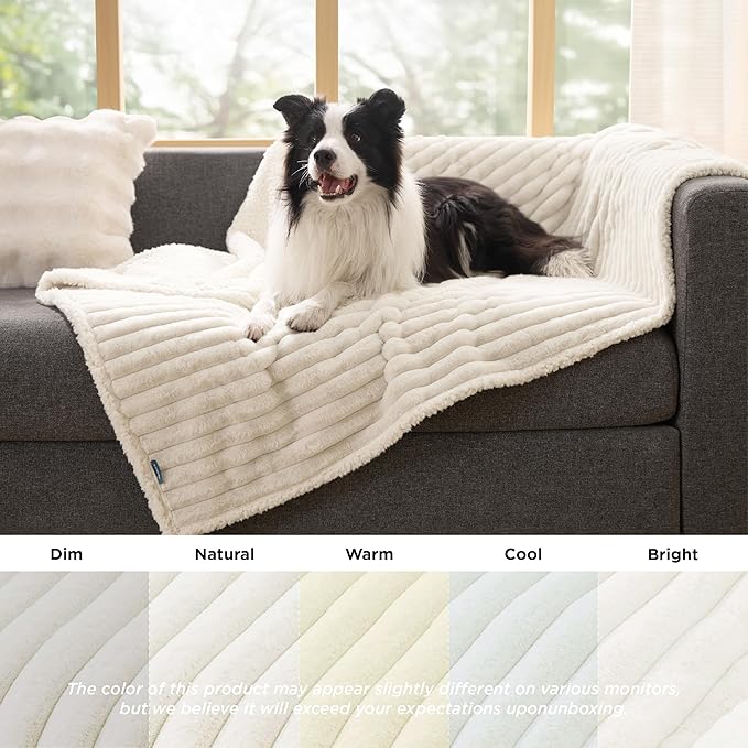 Bedsure ComfyFleece™ Waterproof Dog Blankets for Large Dogs - Soft Pet Cat Blanket Corduroy Fleece for Couch Bed Protector Washable, Cozy Calming Reversible Furniture Protection,50"x60", Cream