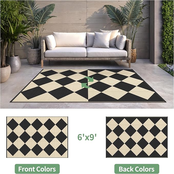 GENIMO Outdoor Rug for Patio Clearance, 6'x9' Reversible Geometric Plastic Straw Rugs, Lightweight Waterproof RV Camping Mat for Camper, Balcony, Deck, Backyard, Picnic, Black Beige
