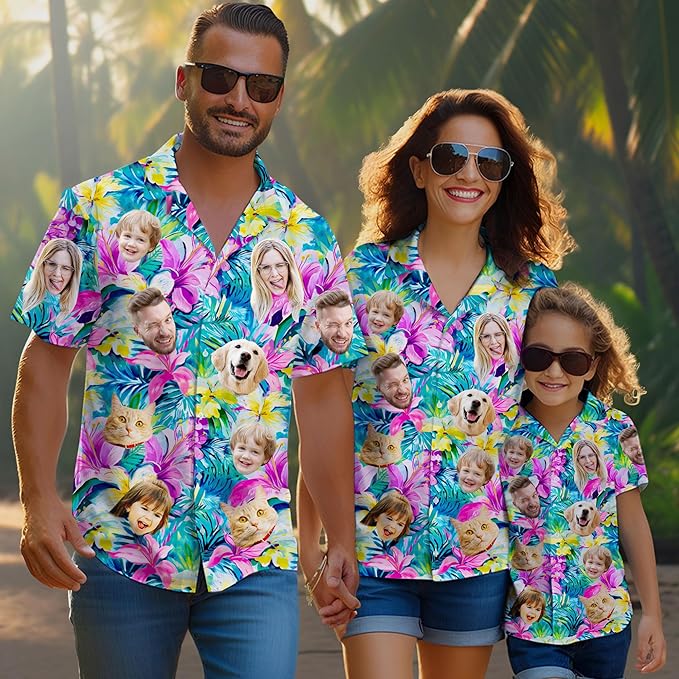 Custom Hawaiian Shirt with Face Photo Picture for Men Women Kids Youth Adult, Tropical Personalized Hawaiian Shirts Gift