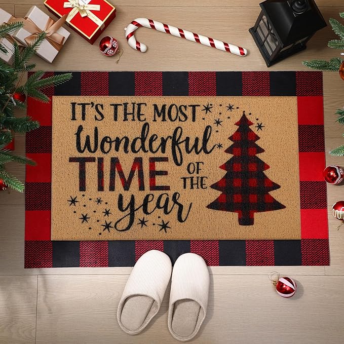 Tinideya 2 Pcs Door Mat Welcome Non Slip Coir Mats Floor Layering Doormats Seasonal for Front Porch Entryway Decor(Christmas Tree)