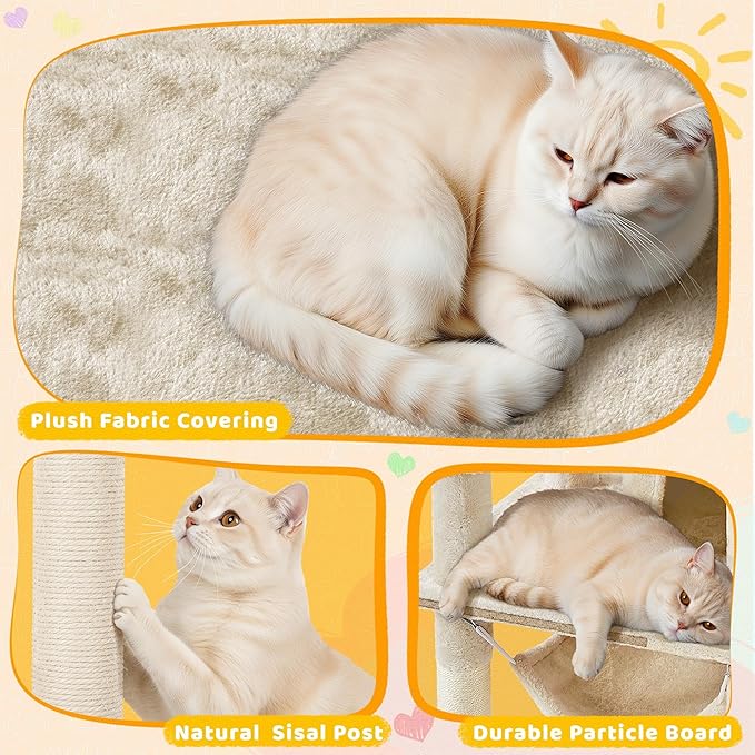 Yaheetech Cat Tree, 67in Large Tower w/ 3 Removable Teaser Sticks, 2 Kitten-Ear Shaped Perches, 2 Condos, Hammock, Scratching Post, Multi Level Pet House, Beige