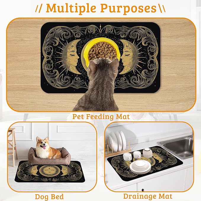 Dog Bowl Mat,Moon Sun Pet Feeding Mat for Floors Waterproof,Boho Vintage Absorbent Dogs Placemat for Food and Water Quick Dry Pet Cat Feeding Mats with Non Slip Bottom 16" x 24"