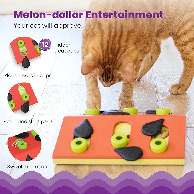 Catstages by Nina Ottosson Melon Madness Puzzle & Play – Interactive Treat Puzzle Feeder for Cats, 12 Hidden Treat Compartments Slow Feeder, Durable & Easy-Clean, 10 Inches, Pink