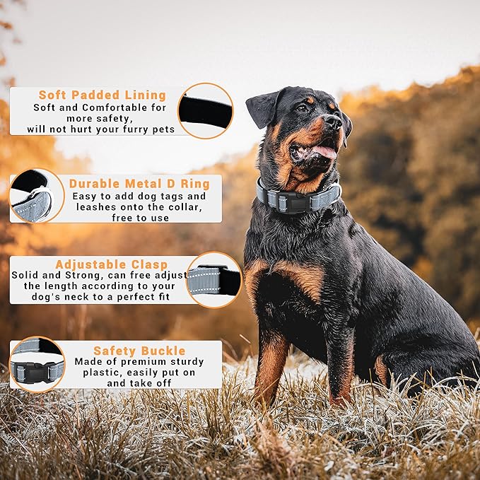 2 Pack Reflective Dog Collar with Safety Locking Buckle, Adjustable Soft Breathable Comfortable Nylon Pet Collar for Small, Medium and Large Dogs, Gray, M