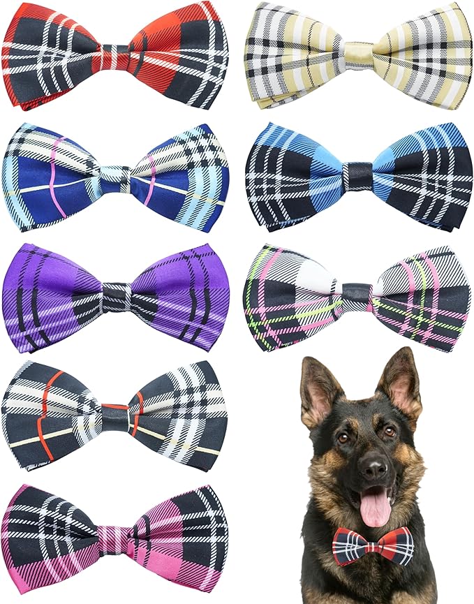 PET SHOW 8 Pack Plaid Big Dogs Collar Bow Ties for Medium Large Dogs Collar Charms Accessories Slides Attachment Bowties for Birthday Wedding Parties Assorted