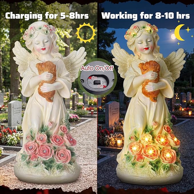 Chunful Solar Angel Dog Memorial Statue 10" Resin Pet Memorial Gift for Loss of Dog, Waterproof Outdoor Garden Cemetery Decor, LED Night Light Sympathy Gift for Women Mom Grandma