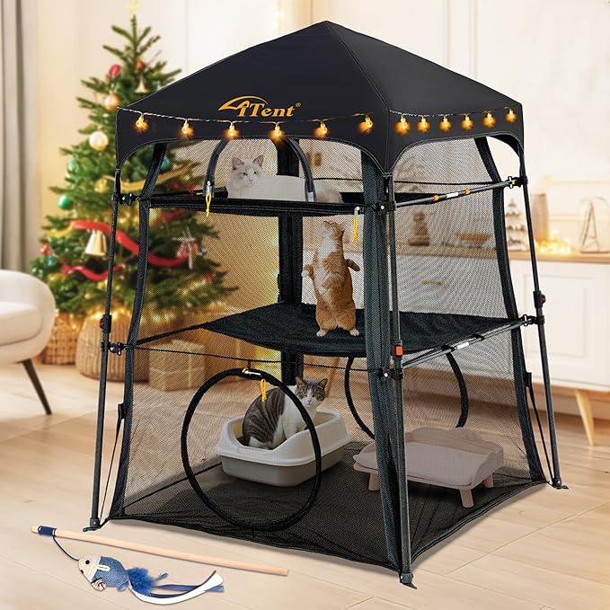 Automatic Pop-Up Cat Enclosure|3-Tier Cat Tent|Cat Cage|Outdoor Catio with Patent,Breathable Portable & Foldable, Stable Structure for Indoor/Outdoor, Free Teaser Wand,Friendly Connectable playpen