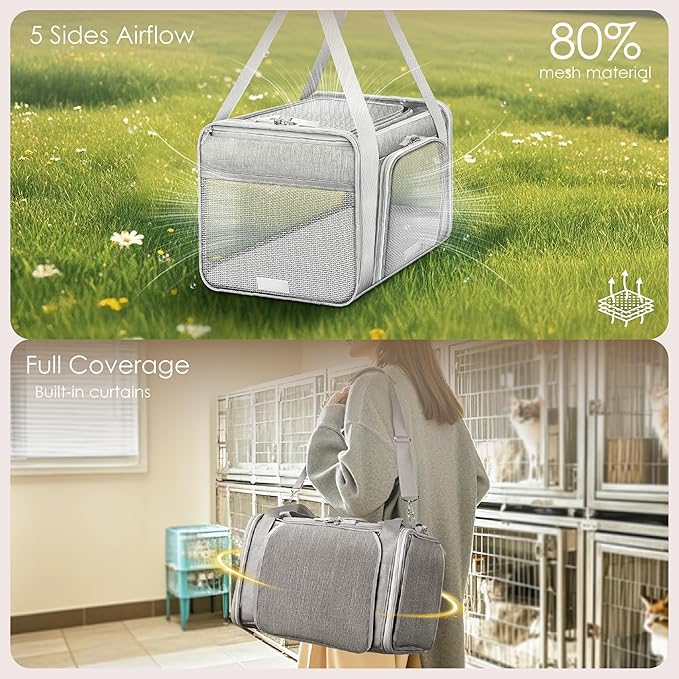 Top and 2 Sides Expandable Cat Carrier 18x11x11, TSA Airline Approved Dog Carriers for Small Dogs,Soft-Sided Pet Carrier with Self-Locking Zippers for Kitten,Rabbit, Puppy, Grey
