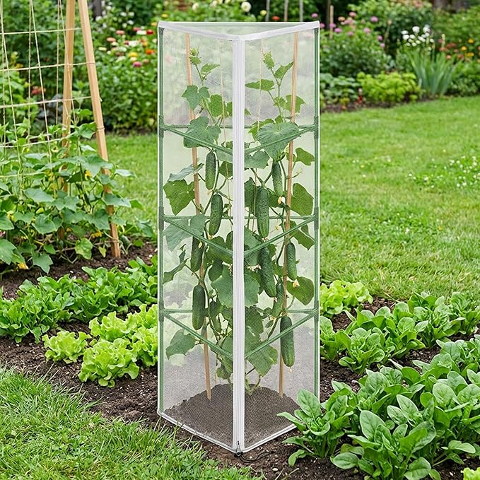 2 Pcs Garden Bird Netting for Triangle Plant Cage, 59" x 20" x 20" Tomato Cage Garden Net Cover with Zipper, Tomato Trellis Insect Bird Barrier Protection Mesh for Vertical Climbing Plant Vegetable