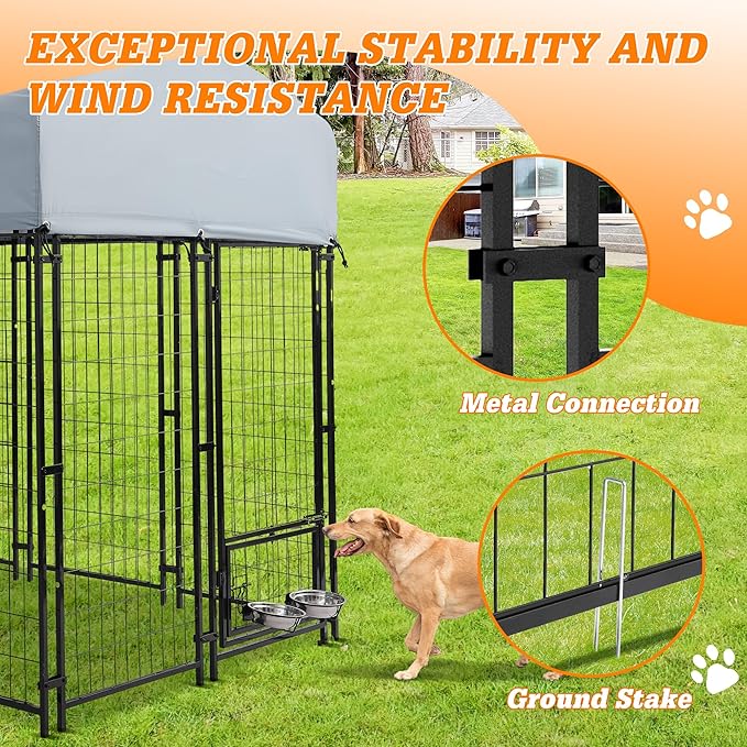 8x4x6 FT Outside Large Dog Kennel with roof - Outdoor Heavy Duty Welded Wire Steel Dog Playpen with Rotating Bowls, Dog Run Enclosure Crate Cage with Lockable Doors for Chicken, Rabbit