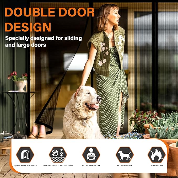 Double Door Fiberglass Magnetic Screen Door，Screen Door Mesh，Keep Bugs Out, Heavy-Duty Mesh Curtain,Pet and Kid Friendly, Works with Front Doors, Sliding Doors（72x96 Inch