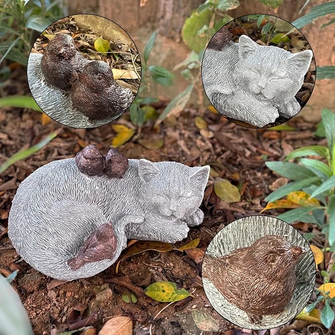Cat Statue Outdoor Garden Decor - 11.4" Sparrows on Cat Figurine Memorial Grave Markers Garden Resin Sculpture for Outdoor Decoration, Pet Statues Gifts for Loss of Tabby Sympathy 11.4" x 7.1" x 4.6"