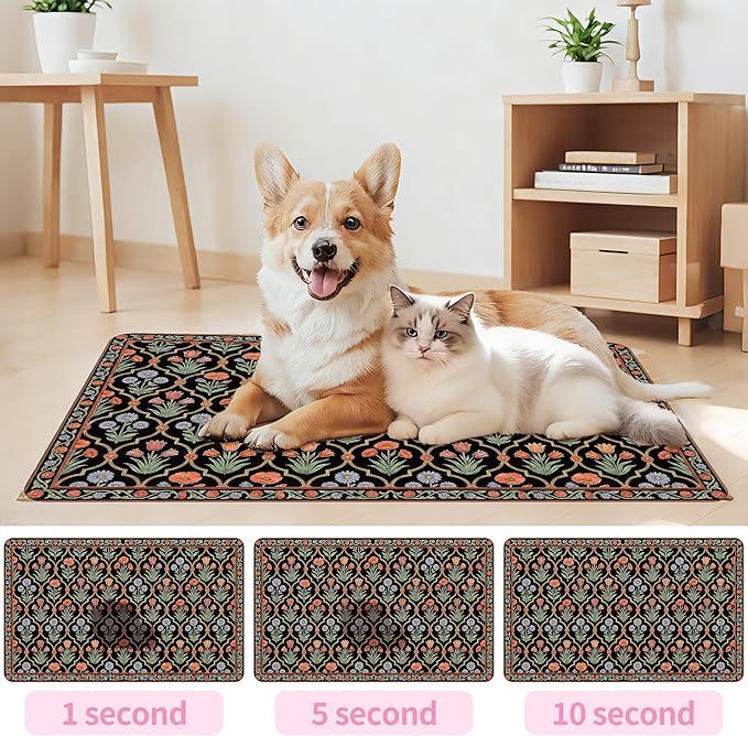 Pet Feeding Mat 20 x 12 Inch, Black Floral Pet Placemat Absorbent Quick-Dry for Food and Water, Waterproof Non Slip Rubber Bowl Pad Mat for Floors