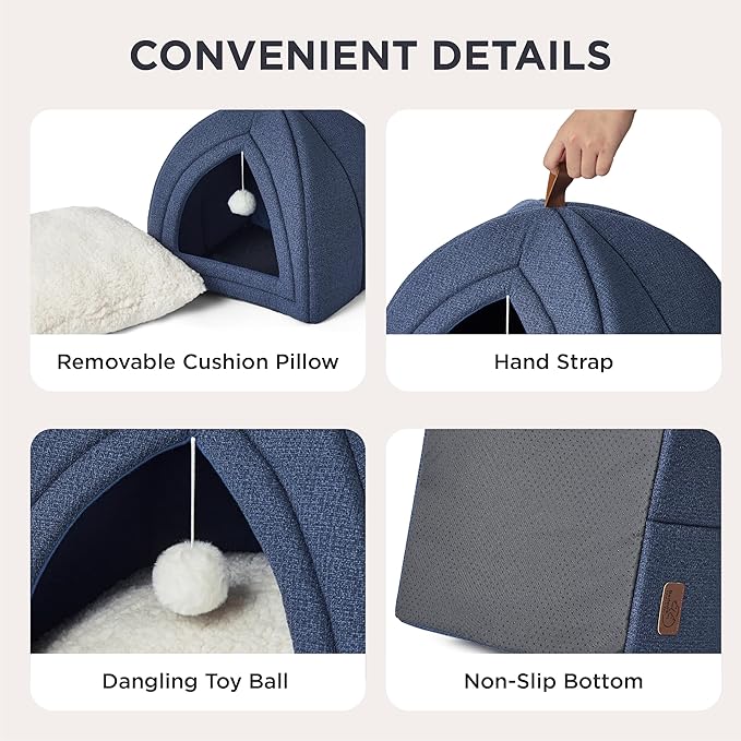 Bedsure Cat Beds for Indoor Cats - 2 in 1 Cat Cave House Tent for Kittens and Small Pets with Removable Washable Cushioned Pillow, Foldable Kitten Hideaway with Non-Slip Bottom, Navy, 16 inches