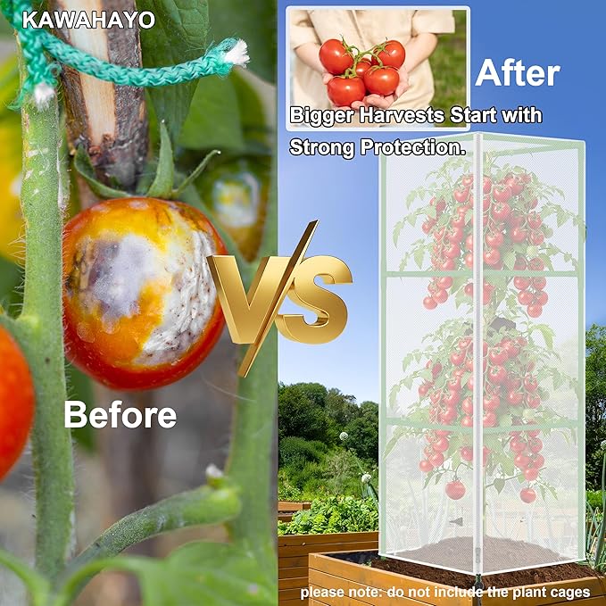 Garden Bird Netting Plant Cover for Square Tomato Cage, 59" x 17.7" Insect Barrier Tomato Cage Net with Zipper and Drawstring, Tomato Trellis Netting Protection Cover for Protecting Plant (3 Pack)