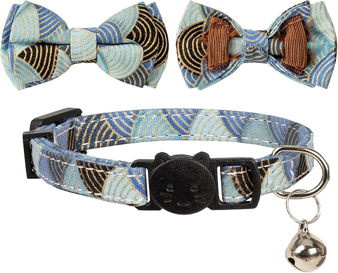 Collar for Cat Pet Breakaway with Bell Bowtie Detachable Bow Adjustable Safety Kitten Puppy Girl Boy 2pcs Kimono-Blue & Pink