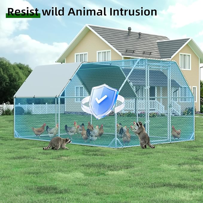 Large Metal Chicken Coop, Walk-in Chicken Run with Reinforced Wire Mesh, Water-Resistant & Anti-UV Cover, Poultry Cage for Hens, Ducks and Rabbits, Outdoor Backyard Farm Pen（9.2’Lx12.47’Wx6.4’H）
