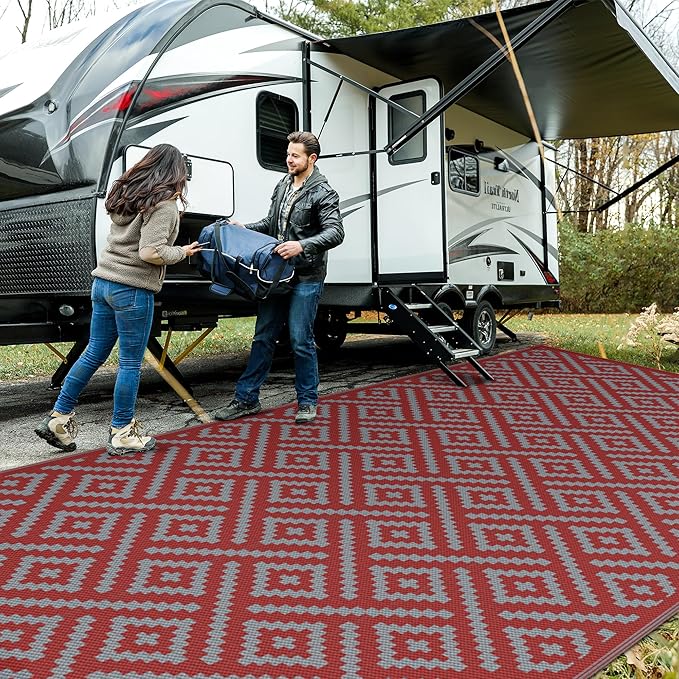 GENIMO Outdoor Rug for Patio Clearance, 10'x20' Reversible Plastic Straw Rugs, Lightweight Waterproof RV Camping Mat for Camper, Balcony, Deck, Backyard, Picnic, Red Grey