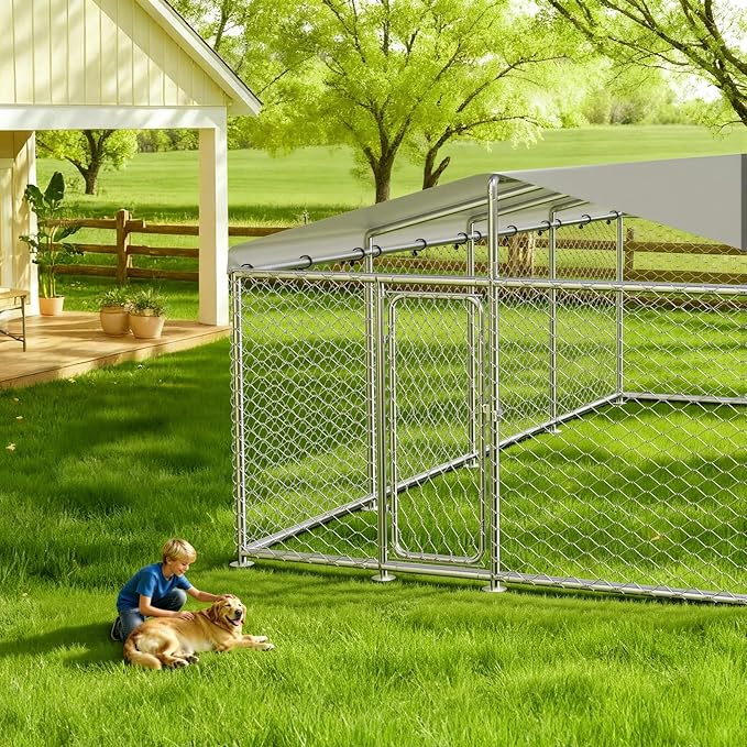 20'x10' Large Outdoor Dog Kennel Outside– Heavy-Duty Dog Enclosure with Wire Mesh Fence, Lock & Waterproof Cover for Large Dogs (240x120IN)