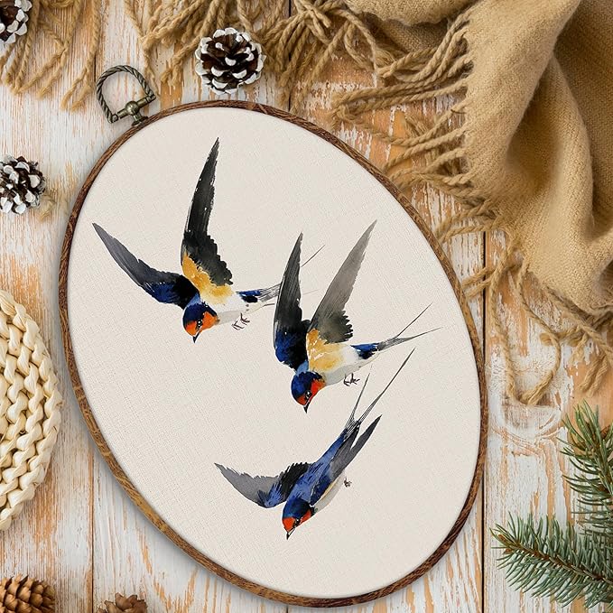 DILSJ Vintage Swallow Bird Oval Wall Art Decor, Rustic Nature Bird Canvas Wall Art Framed, Watercolor Japanese Swallow Hanging Decorations for Home Living Room Bedroom, 11x8.5 Inch