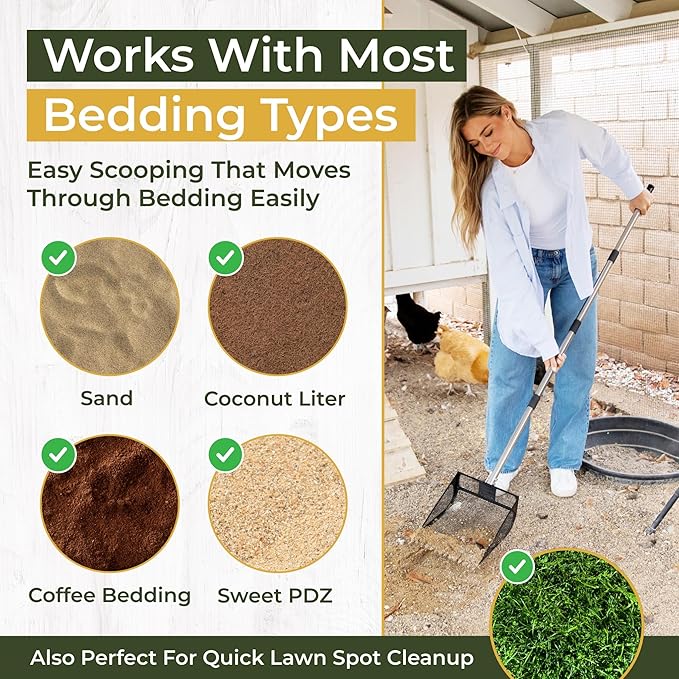 2-in-1 Chicken Coop Poop Scooper and Rake - Metal Sand Sifting Litter Scoop Shovel with Angled Basket and Micro-Sized Diamond Mesh to Catch The Smallest Farm Animal Droppings - Adjustable 12" to 53"