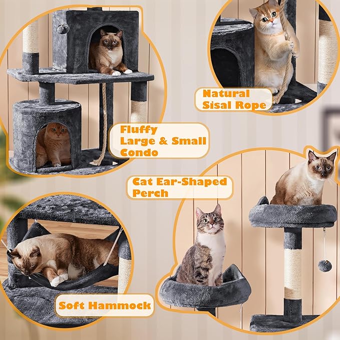 Yaheetech 70.5in Cat Tower, Multi Level Cat Tree Kitten Condo with 2 Condos & 2 Plush Perches & Scratching Post & Dangling Ball for Medium/Large Cats Dark Gray
