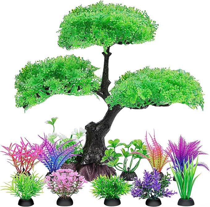 Ameliade Aquarium Artificial Plastic Plants Decoration, Aquarium Tree Decor Set, Goldfish Betta Fish Tank Decorations Hides Accessories (Green)