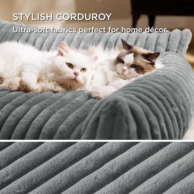 Bedsure ComfyFleece Cat Couch for Pets - Fluffy Cat Sofa with Premium Soft Corduroy Fleece, Fuzzy Pet Couch Bed with Removable Washable Cover, Supportive Pet Chair for Indoor Cats, 24inch, Warm Grey
