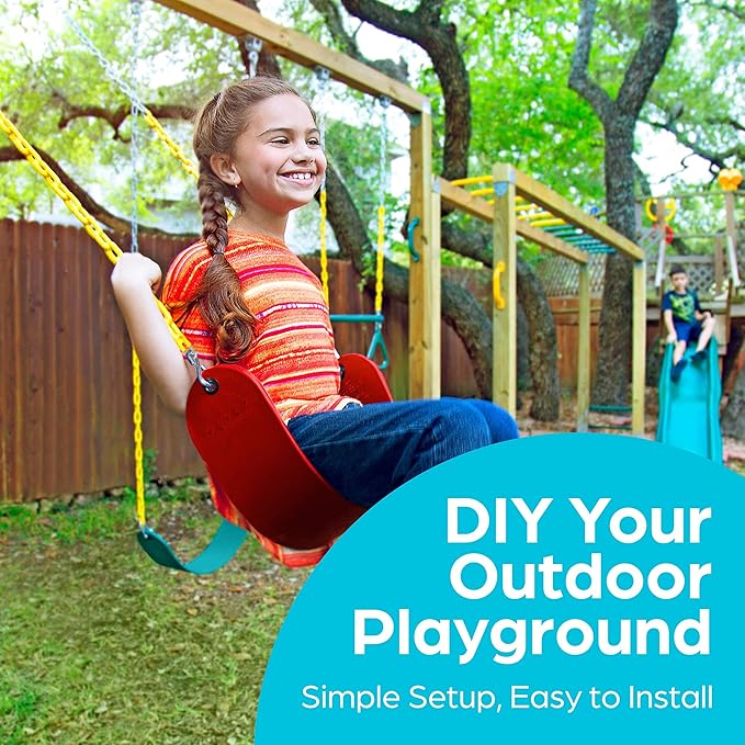 Jungle Gym Kingdom Outdoor Swing Seat Replacement - Pack of 1 Replacement Swings for Swingsets for Outside with Plastic Coated Chains and 2 Hooks, Playground Accessories, Red